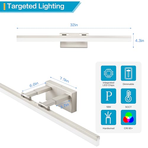 Bathroom Lighting Fixtures Over Mirror (Brushed Nickel Retractable-5CCT&Dimmable / 32-inch)