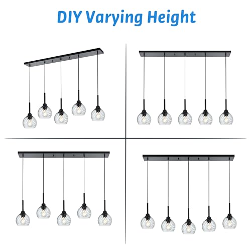 5 Light Kitchen Pendant Lighting Over Island with Striped Swirl Globe Glass (Transparent / 5-Light-Straight Bar)