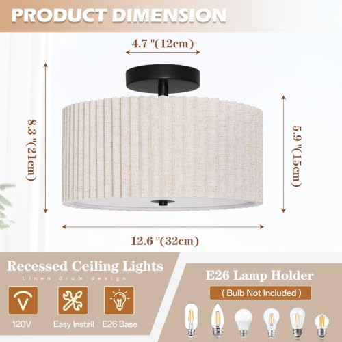 2 Light Semi Flush Mount Ceiling Light Fixture 12.6 Inch Modern Black Drum Ceiling Light Fixture with Pleated Fabric Shade Dimmable Close to Ceiling Light for Living Room Hallway Bedroom Entryway (...