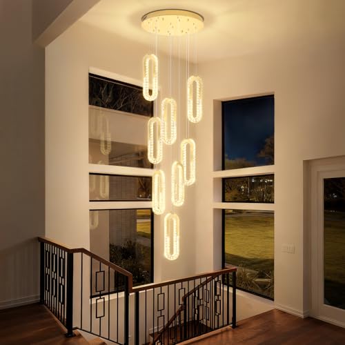 Modern Led Gold Chandelier Adjustable 8 Rings Crystal Chandelier for Foyer Stairwell Crystal High Ceiling Pendant Light Dimmable 2700K (Gold / 8 Rings (New))
