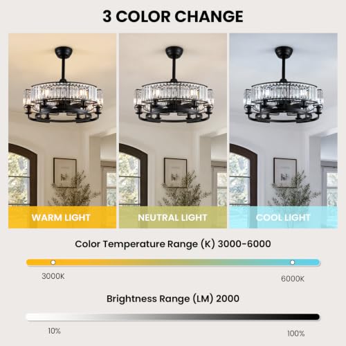 25" Crystal Ceiling Fan with Light LED Black Crystal Cage Fandelier (Black)