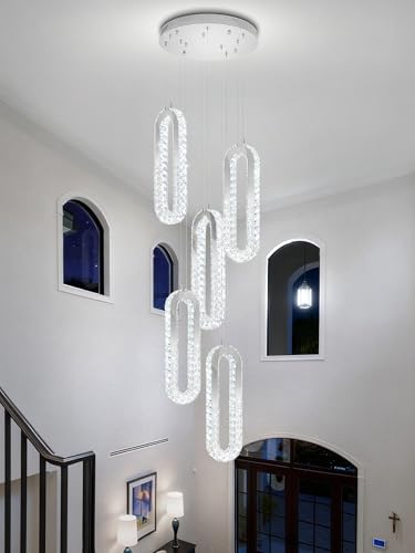 Modern LED Chandelier 5 Ring LED Pendant Light Adjustable Height Hanging Chandelier for Staircase Foyer (Silver / 5 Rings (New))