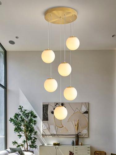 6 Light Chandelier with White Globe Glass Dimmable Ceiling Light Glass Pendant Light for Kitchen Island (Gold-White / Globe 6-Light)
