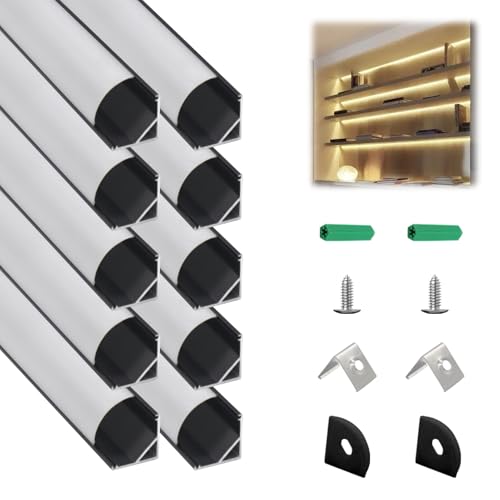 10 Pack Black V Shape LED Channel with Milky White Diffuser Cover 3.3FT Angled Aluminum Extrusion for LED Strip Lights Corner Mounting Track Profile for Under Cabinet Lighting (Black Aluminum + White Cover / 3.3FT/10P/#006)