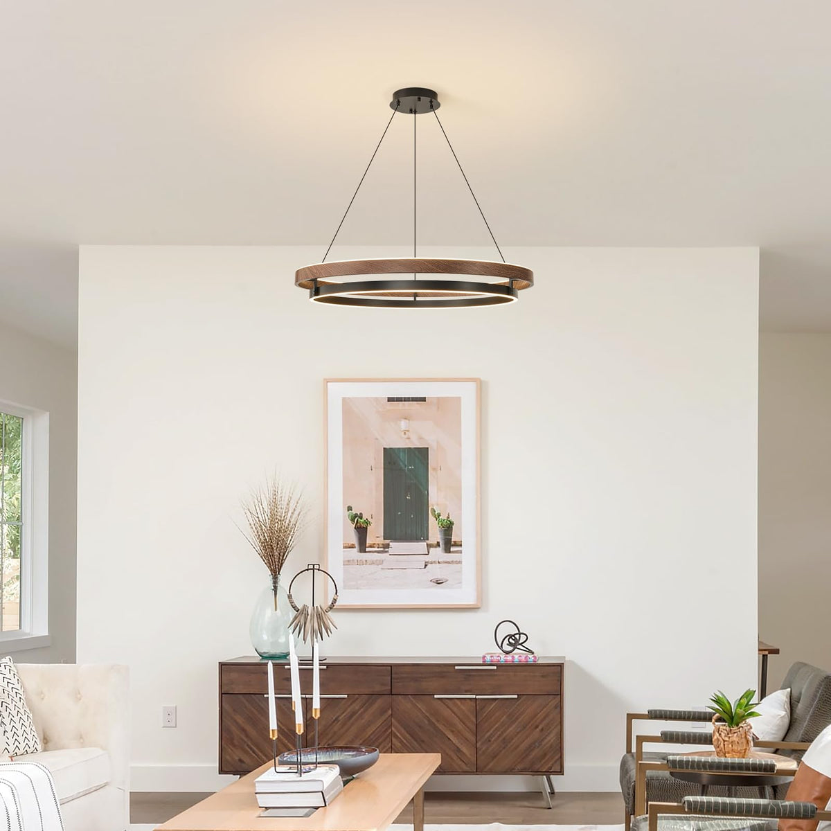 2 Ring Wood Round LED Chandelier (31.5'')