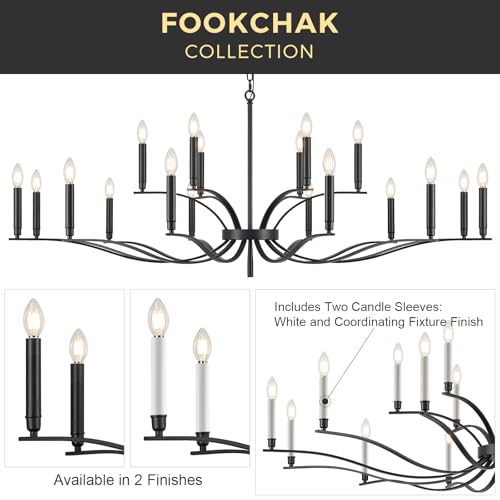Black Living Room Chandelier 18 Light High Ceiling Foyer Candle Chandelier Large Dining Room Light Fixture Over Table 59in Metal Modern Chandeliers Hanging Light for Entry Master Bedroom (Black / 59 inch)