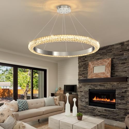 31.5" 1 Ring Crystal Chandelier Modern LED Dimmable Ring Pendant Light Chandelier for Dining Room Living Room Silver (Silver / 1 Ring Round 32")