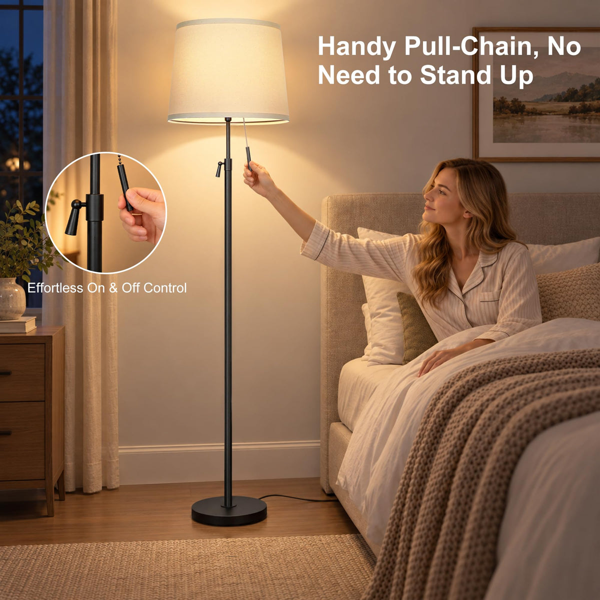 52" 63" Black Adjustable Floor Lamp (Black+Beige Linen Shade)