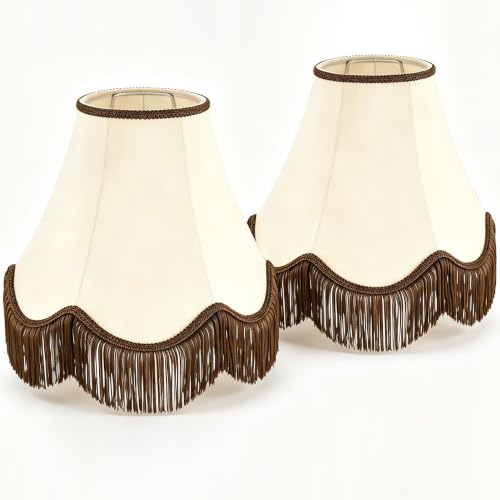 Beige Lamp Shades Set of 2 (Beige-brown fringe / 2 Pack)