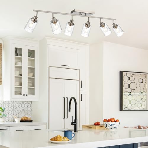 6 Light Brushed Nickel Kitchen Track Lighting Fixtures Ceiling Mount Track Lighting Kit with Bubble Seeded Glass Shade Modern Bathroom Tracking Vanity Lights Ceiling Tracking Accent Shop Light (Brushed Nickel / 6-Light)