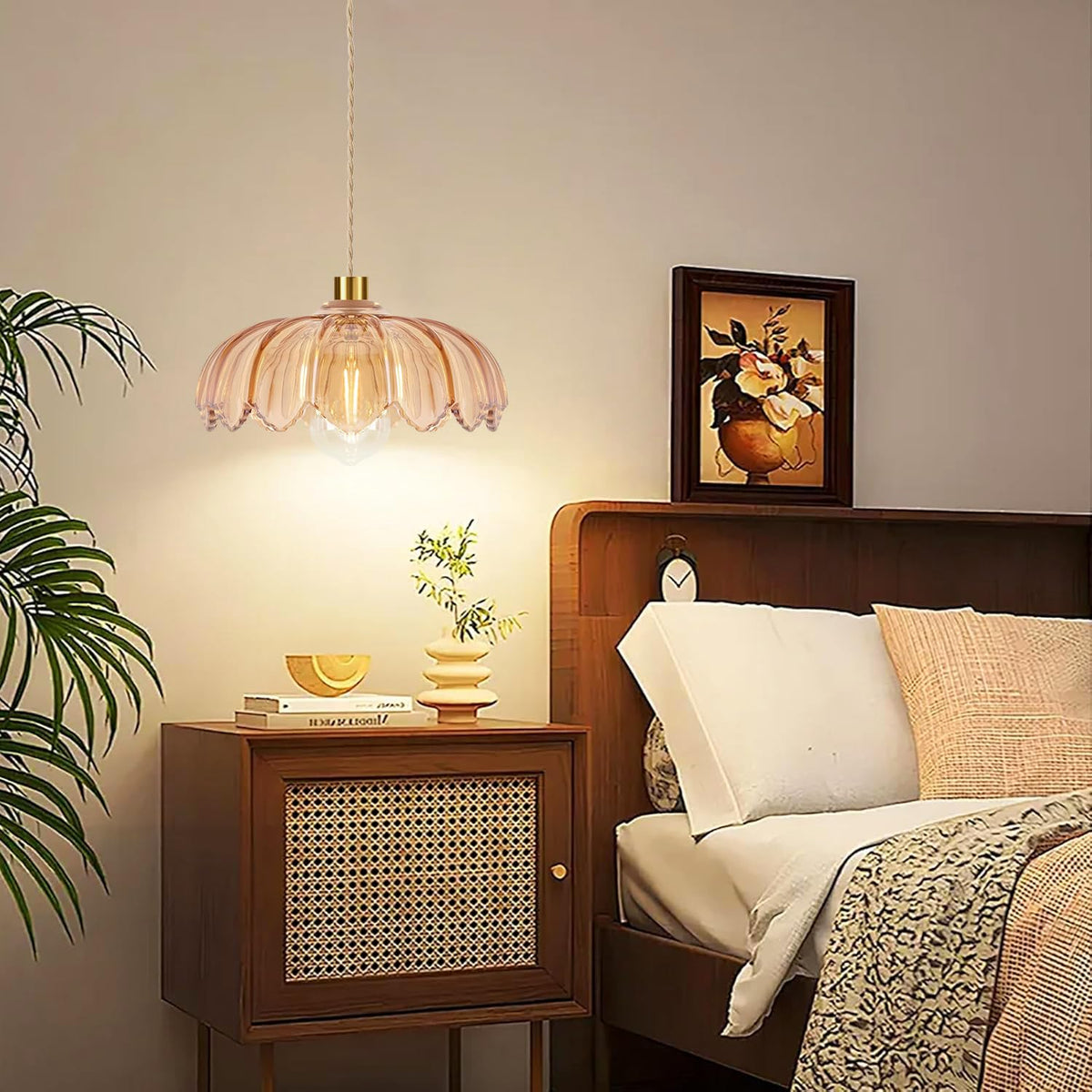 Plug in Pendant Light Hanging Lights with in Cord Mid Century Modern Gold Hanging Lamp Flower Glass Amber Vintage Dimmable Chandelier Ceiling Fixture for Living Room (Pendant Light-11)