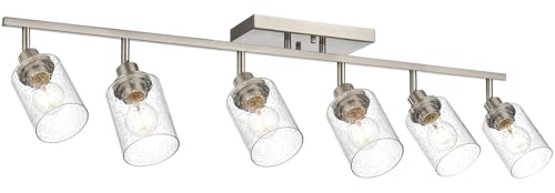 6 Light Brushed Nickel Kitchen Track Lighting Fixtures Ceiling Mount Track Lighting Kit with Bubble Seeded Glass Shade Modern Bathroom Tracking Vanity Lights Ceiling Tracking Accent Shop Light (Brushed Nickel / 6-Light)