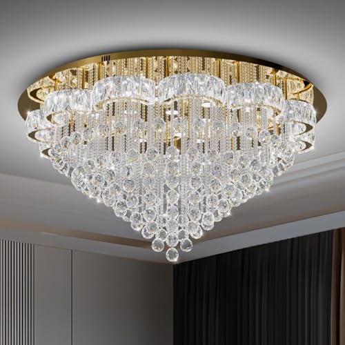 48inches Gold Crystal Chanderliers for Living Room Entryway Modern Crystal Folwer Ceiling Light for Foyer Interior LED Dimmable Lighting 2700k 4500k 6000k (Gold / 48inch)