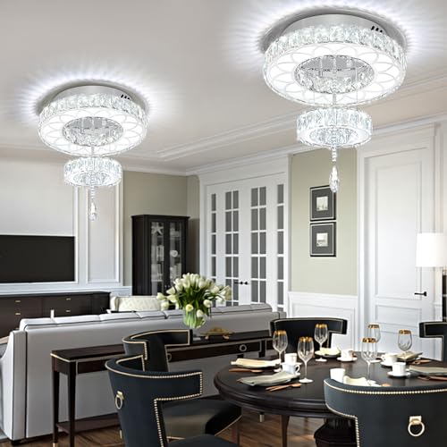 16inch Modern Mini Crystal Chandelier for Hallway LED Crystal Ring Chandeliers Dimmable Flush Mount Ceiling Light for Dining Room Living Room Bedroom (Silver / W:16inches)