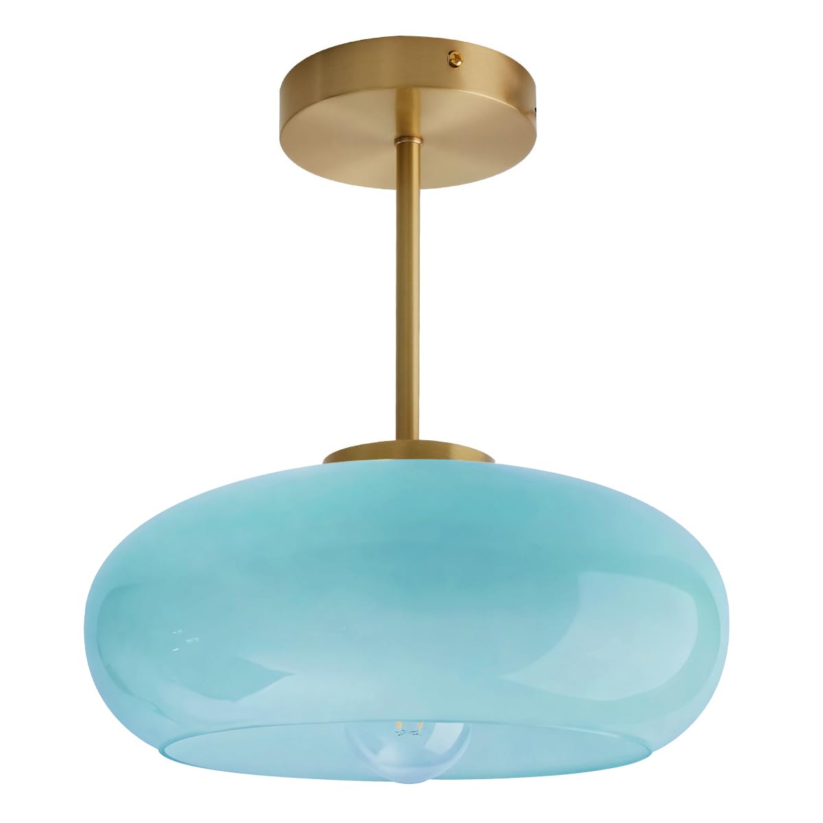 Semi Flush Mount Ceiling Light Blue Glass Ceiling Lights 11" Large Globe Shade Vintage Brushed Gold Brass Flush Mount Lamp Modern Close to Light Fixture for Hallway Bedroom Entrance (Blue)