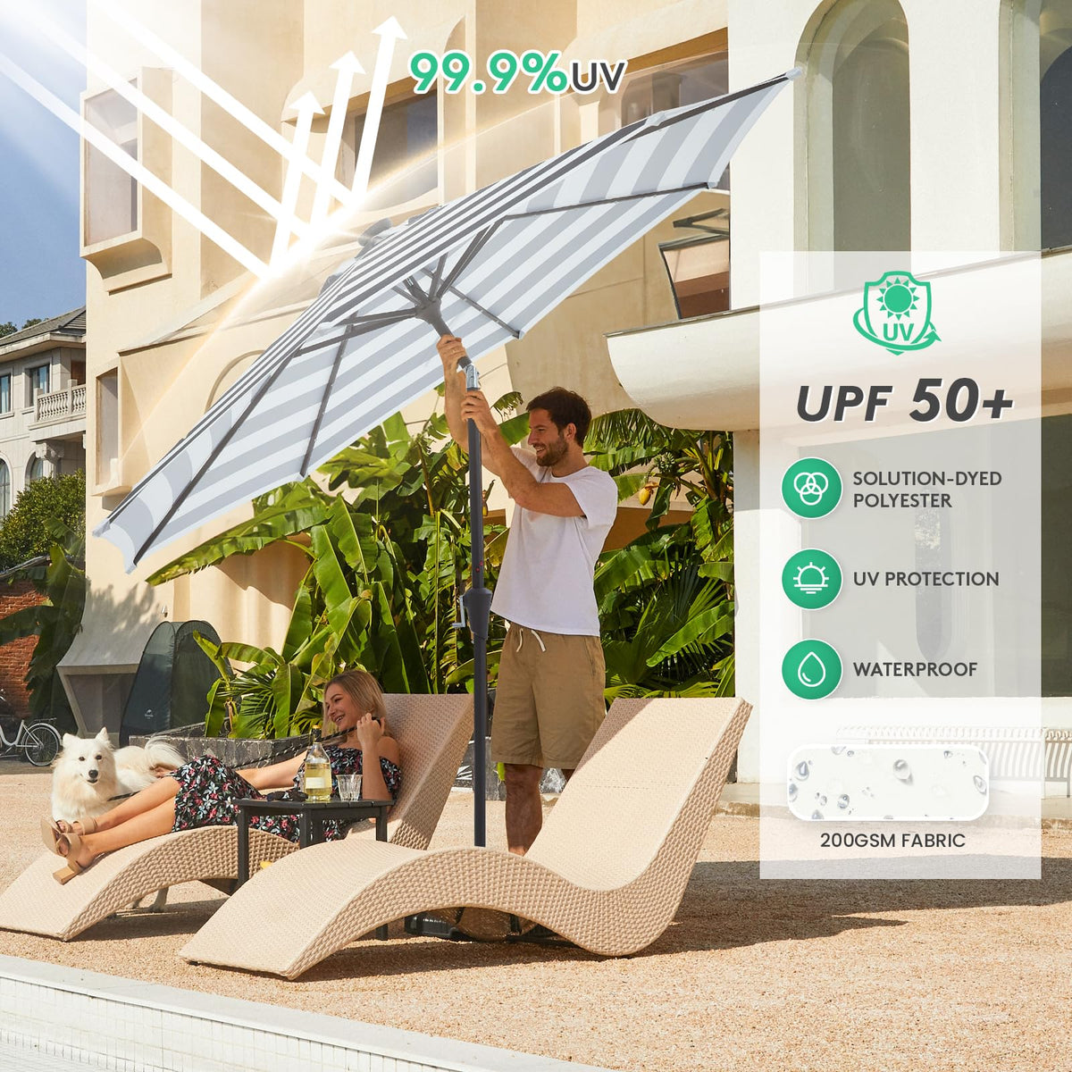 9' Patio Umbrella with Solar Lights (9 ft / Black & White Stripe)