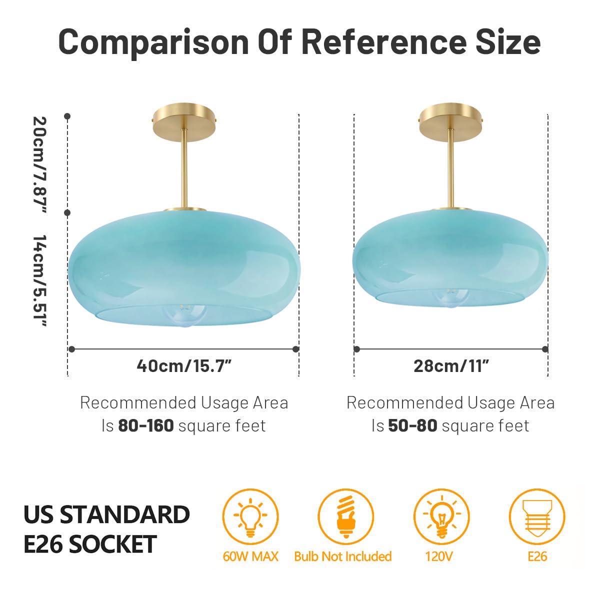 Blue Semi Mount Ceiling Light Fixtures Hallway 15.7″Round Dome Shade (15.7″-Blue)