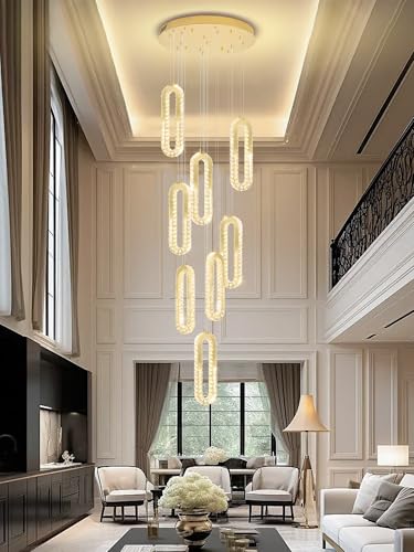 Modern Led Gold Chandelier Adjustable 8 Rings Crystal Chandelier for Foyer Stairwell Crystal High Ceiling Pendant Light Dimmable 2700K (Gold / 8 Rings (New))