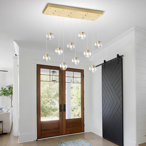 10 Lights Chandeliers for Dining Room Glass Globe Pendant Light Gold Chandeliers Rectangle Pendant Ceiling Light Fixture for Kitchen Island Dining Room Over Table Entryway Lighting Fixture (Gold-Clear / Rectangle 10-Light)