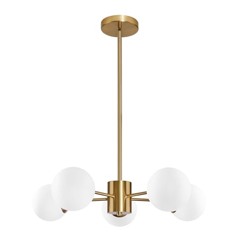 5 Light Globe Sputnik Chandelier Mid Century Sputnik Chandeliers Modern Black Globe Pendant Light Matte Black Finished with White Frosted Glass Lampshade for Dining Room Bedroom Kitchen