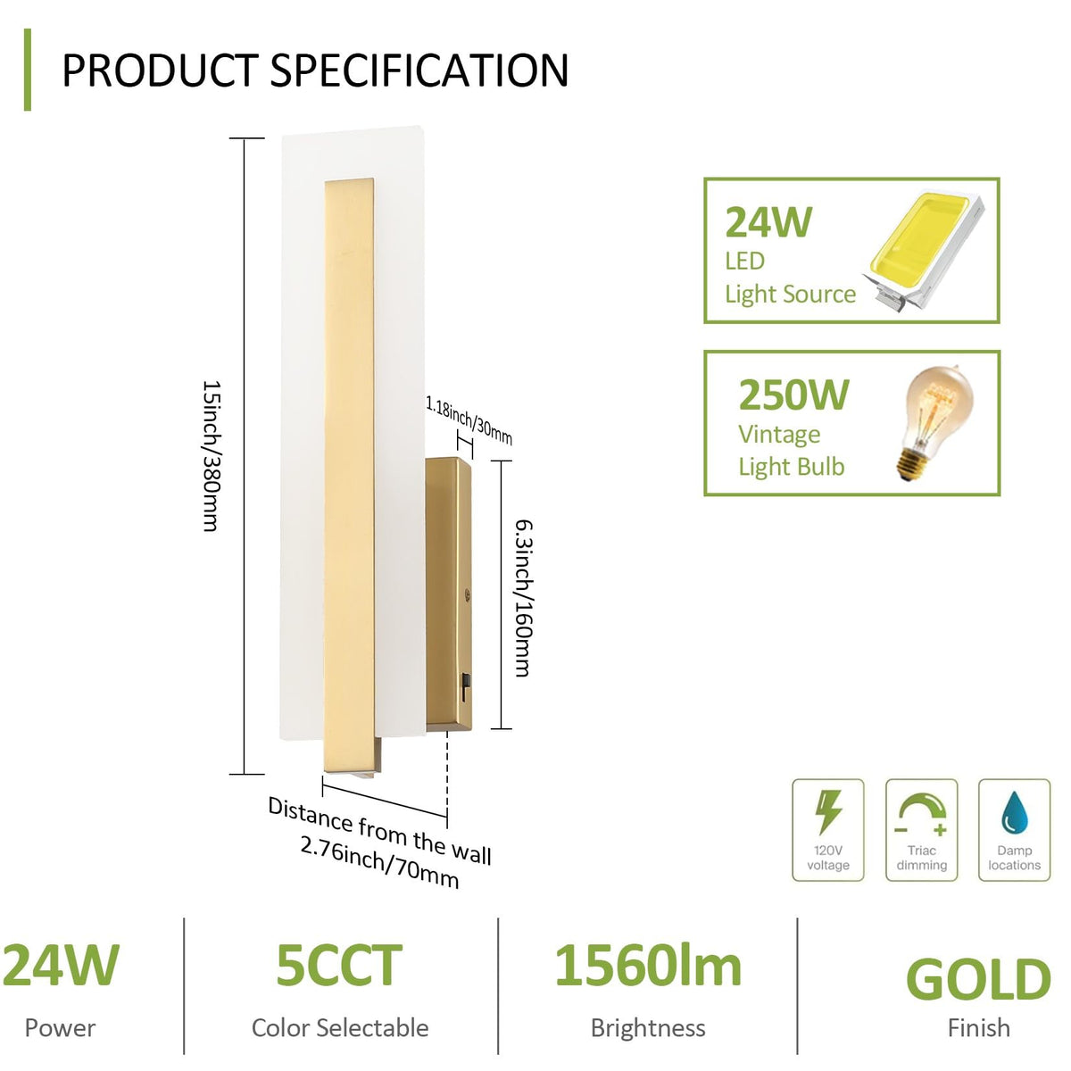 Hardwired Gold Dimmable Modern LED Wall Sconce 2 Packs 3000K 3500K 4000K 5000K 6000K Indoor Wall Lights Up and Down Wall Mount Light for Living Room Bedroom Hallway Corridor (Gold)