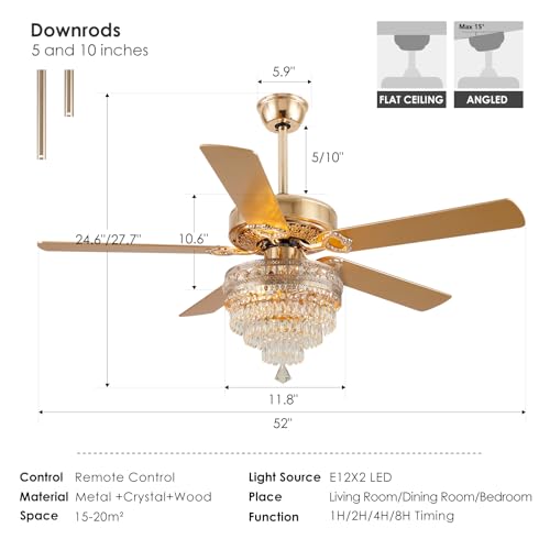 52"Golden Crystal Chandelier Ceiling Fans with Lights and Remote Control (Gold-52IN)