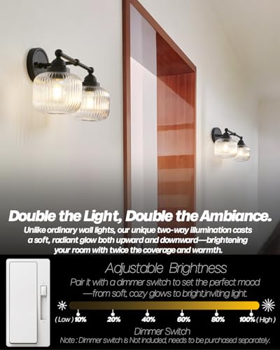 Vintage 2 Lights Clear Ribbed Glass Wall Sconce Lighting (Black)