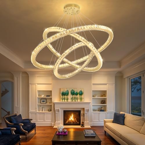 Modern Crystal Chandelier Dimmable LED Ceiling Light Fixture Luxury 3 Ring Stainless Steel Pendant Light for Living Room Dining Room Foyer Gold (Gold / 3-Ring 40")