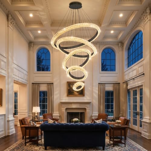 5 Ring Large Crystal Chandelier Modern LED Dimmable High Ceiling Chandelier Ring Contemporary Pendant Light Fixture for Living Room Foyer Staircase Gold D40'' (Black / 5 Ring Round 40")