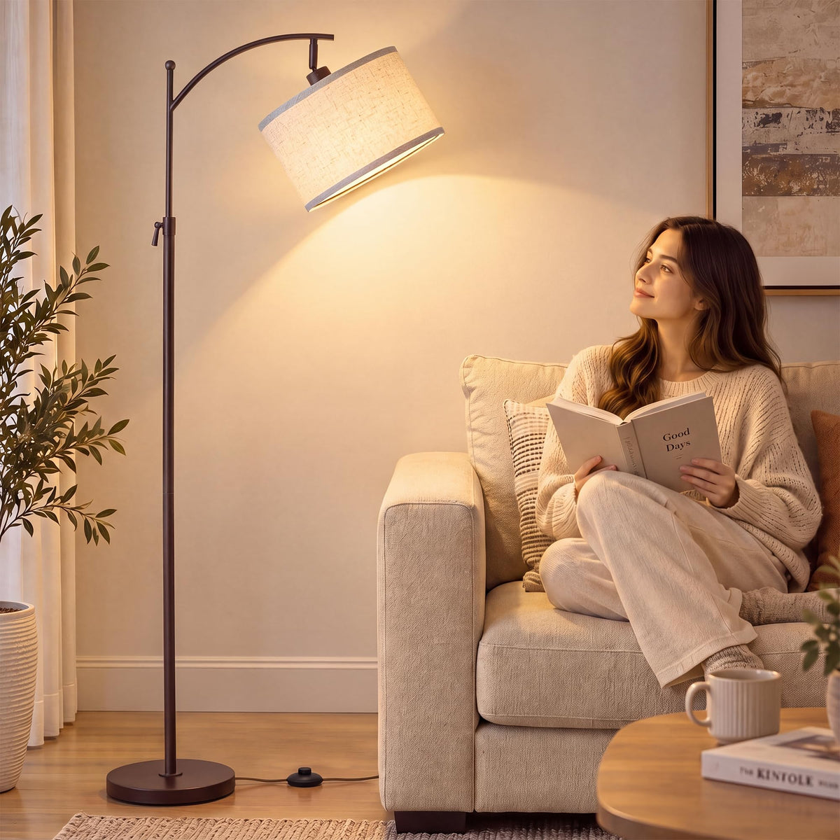 Modern Brown Floor Lamp Adjustable Height 55 (Brown+Beige Shade-Arc)