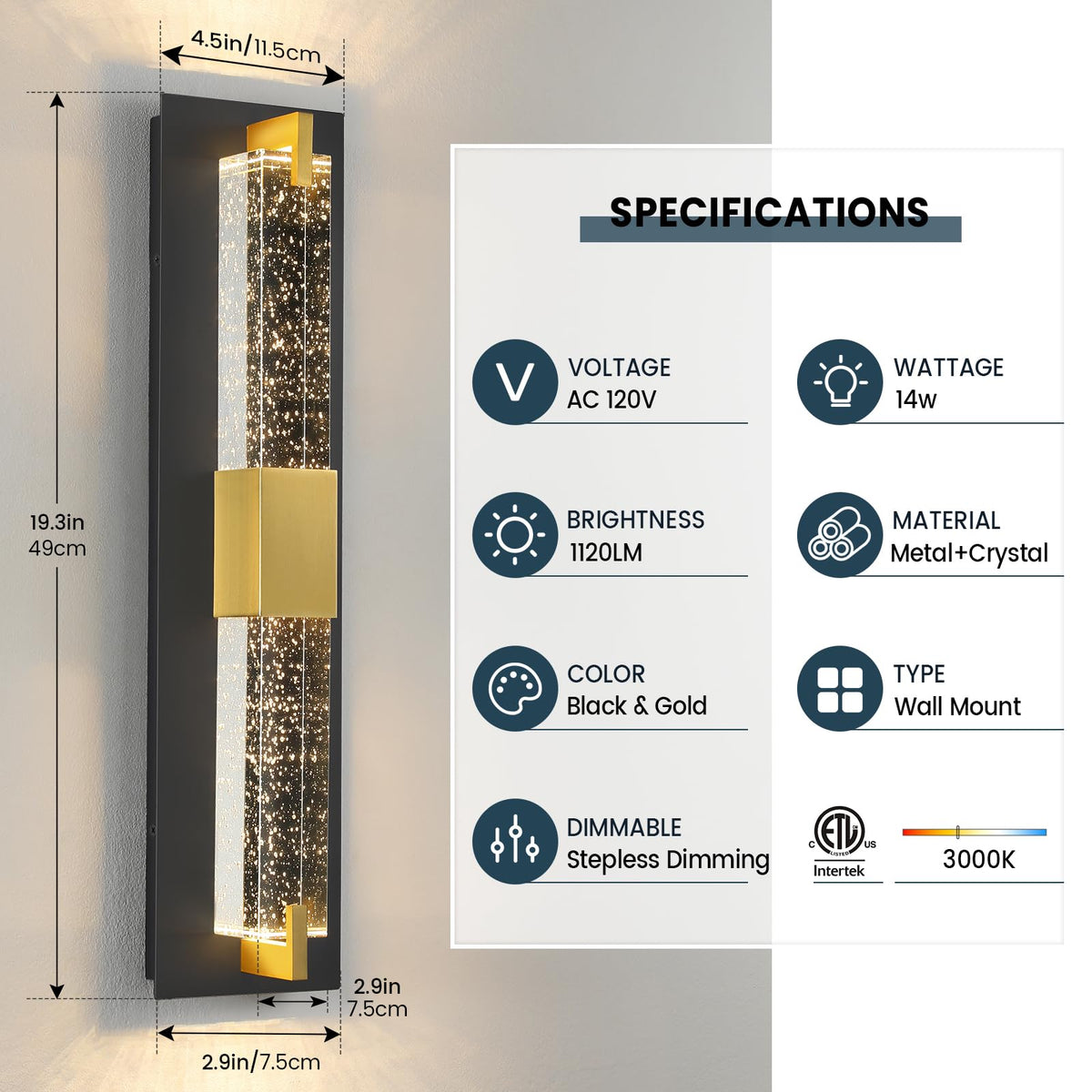LED Wall Sconce Light (Black Gold 19")