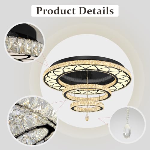 Large 48in Crystal Ring Chandelier Modern Black Crystal Chandeliers LED Dimmable Flush Mount Chandelier Crystal Ceiling Light for Living Room Bedroom Foyer (Black / W:48inches)