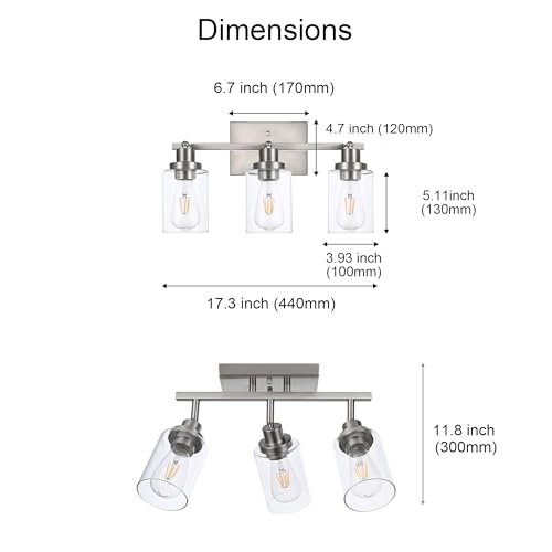 3 Light Track Lighting Kit Brushed Nickel Kitchen Track Lighting Fixtures Ceiling Mount Bathroom Vanity Wall Scones Light Fixture with Clear Glass (Brushed Nickel / 3-Light)
