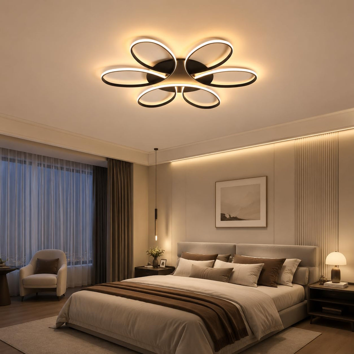 Modern LED Ceiling Light Fixture Black Flush Mount Ceiling Lamp with Remote Control Dimmable Rings Flower Shaped Ideal for Living Room Suite Bedroom Leisure Study Room Kitchen (750mm/29.5inch)