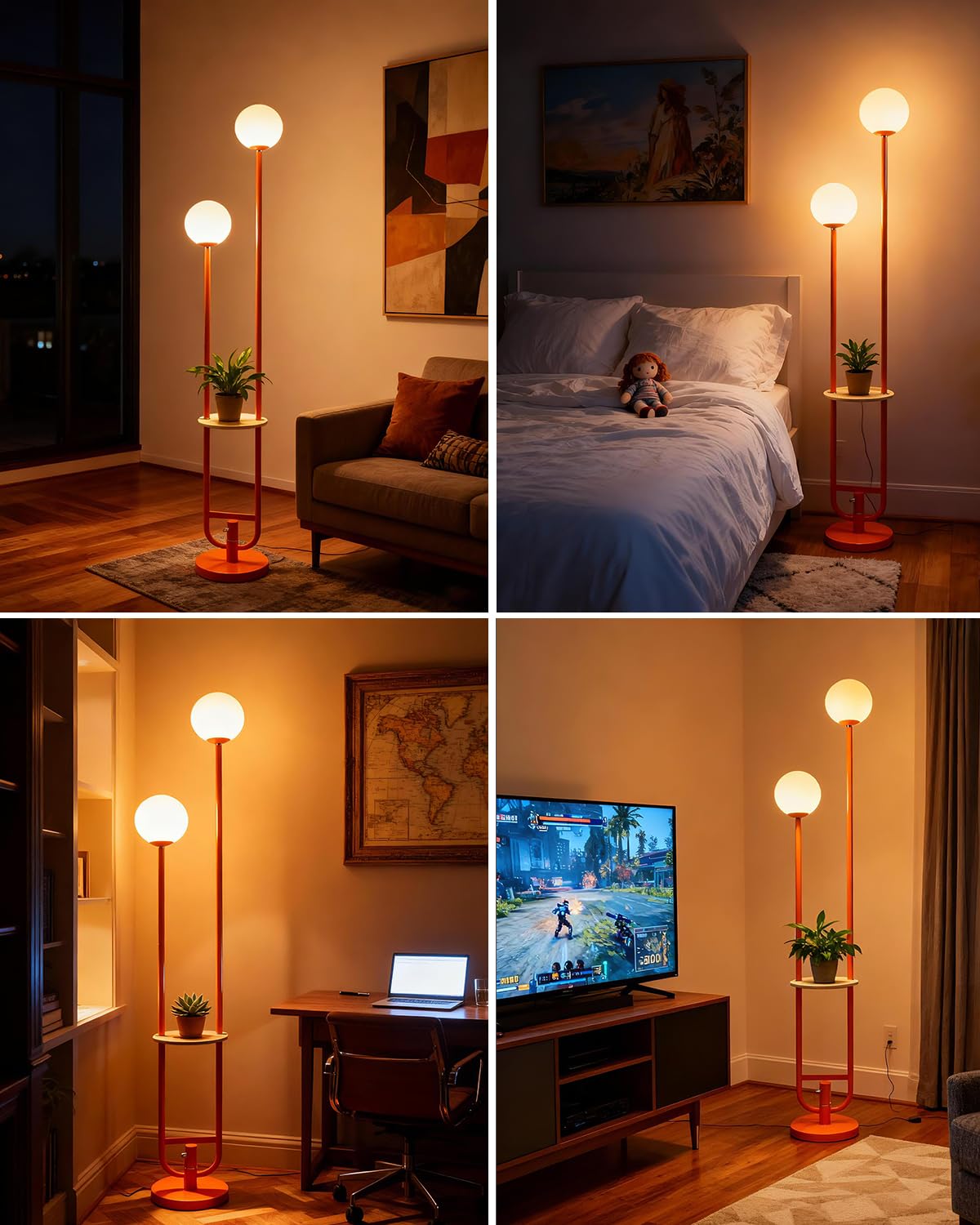 63IN 2 Globe Orange Floor Lamp Dimmable Tall Standing Lamps with Table 3000K Warm White Unique Modern Mid Century Floor Lamp with 5Lbs Heavy Base for Living Room Bedroom Home Office (Orange-2U)