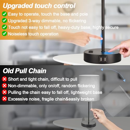 Upgraded】Set of 2 Touch Control Table Lamps with USB A+C Ports & AC Outlet
