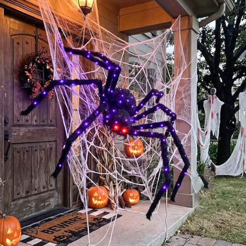 Halloween Decorations Outdoor Giant Spider Light Up Spider 4.3Ft Lighted Large Spider with 6 Modes and 100 LED Purple Lights