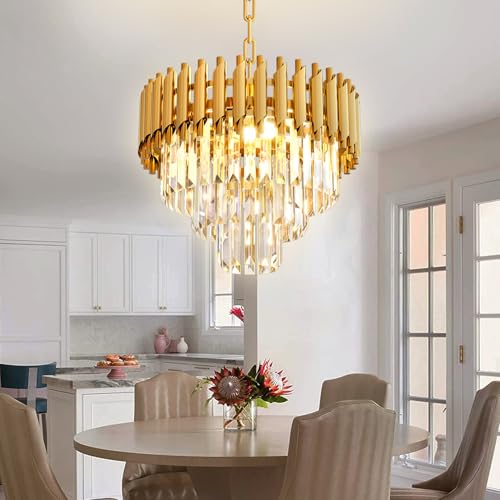 Modern Gold Crystal Chandelier 16" Round Chandeliers for Dining Room 3 Tiers Ceiling Pendant Light Fixtures Adjustable Hanging Chandeliers for Living Room Foyer Bedroom Kitchen (D15.5"XH13.3" Gold)