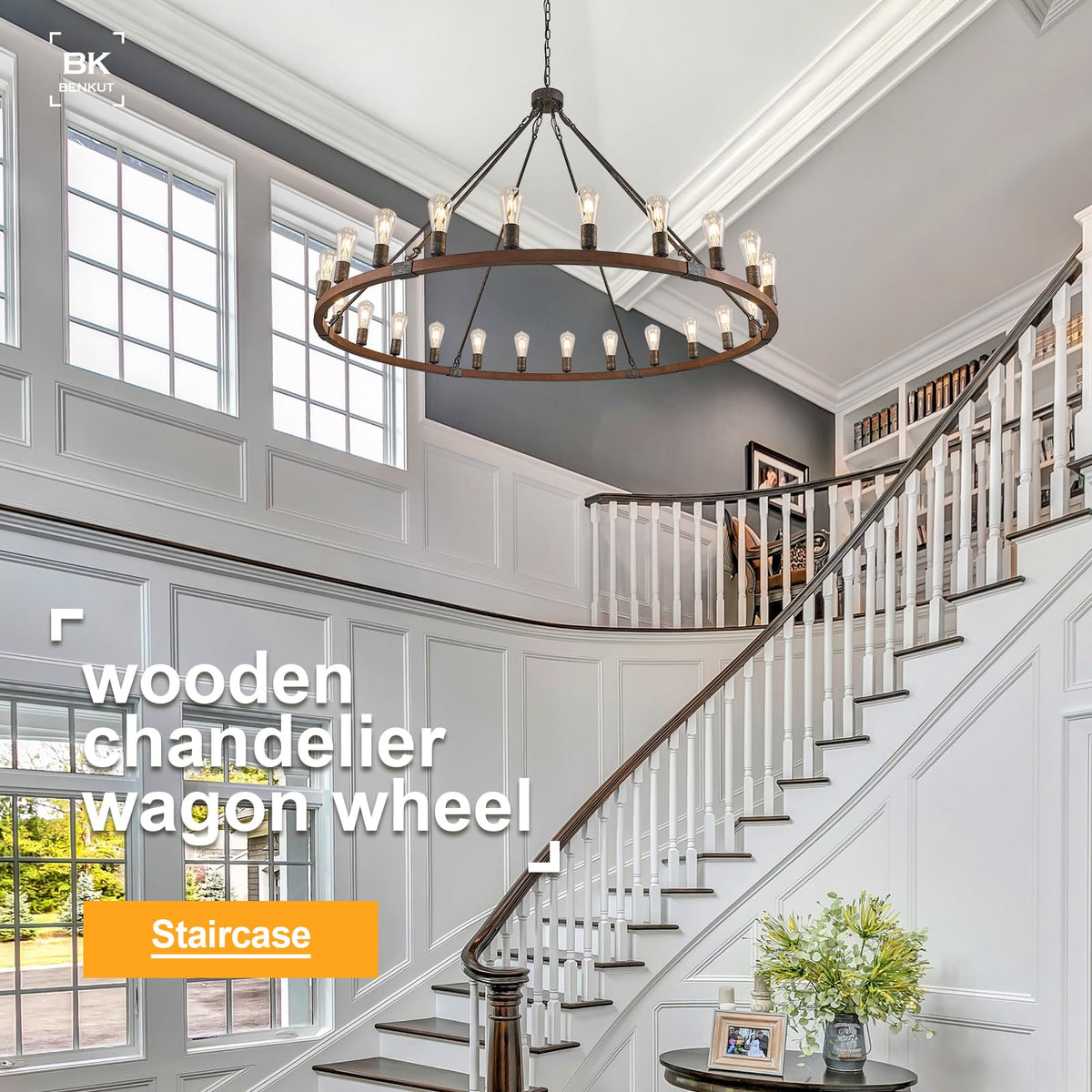 Farmhouse Wagon Wheel Chandelier 59" Black Rustic Light Fixtures 24 (Walnut / 24-Light 59 inch)