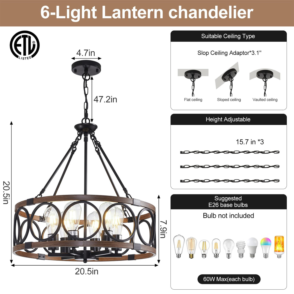 21" Dining Room Light Fixture (Black & Wood Grain-21"(Easy To Install) / 6-Light)