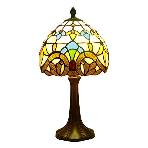 Tiffany Table Lamp Beige Baroque 8 Inch Wide Vintage Bedside Table Lamp Night Light Stained Glass Lamp Antique Art Craft Gifts Alloy Base 15 Inch Tall Vintage Reading Lamp (Beige Baroque)
