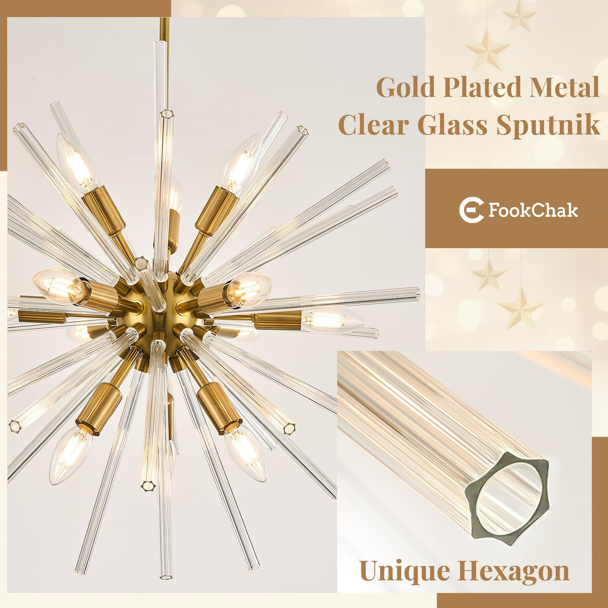Starburst Glass Chandelier for Entry Foyer Gold Crystal Chandelier 24in (Gold / Clear / 24.10 inch)