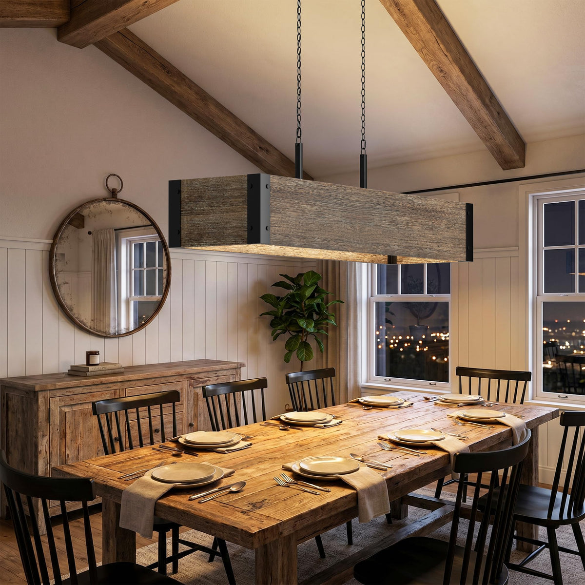 White Washed Wood Chandelier (White Washed Wood / 5-Light Rectangular)