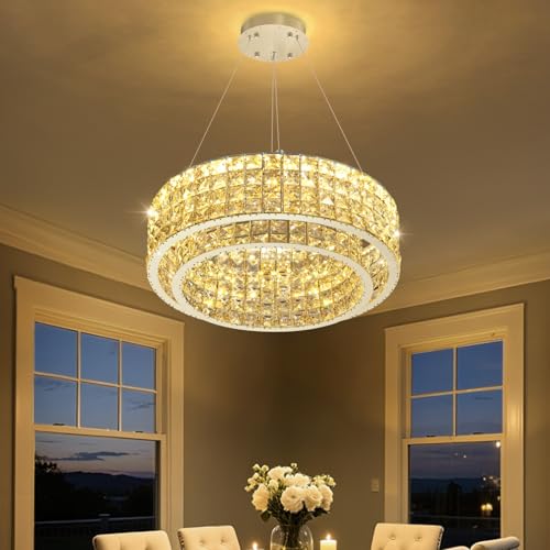 LED Chandeliers for Dining Room LED Dimmable Pendant Lights for Kitchen Island Crystal Adjustable Chandelier for Bedroom Hallway Entrance 16" Gold Light (Silver / Round 20")
