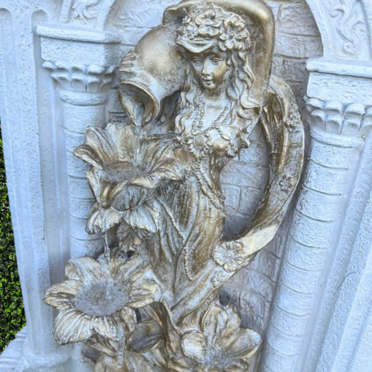 30.3" Solar Powered Wall Fountain with Gold Flower Maiden Statue (Cream White)