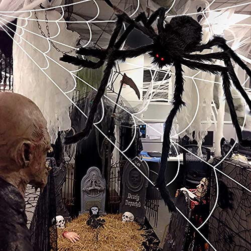 200" Halloween Decorations Spider Web Outdoor +59" Giant Spider Décor (Black)