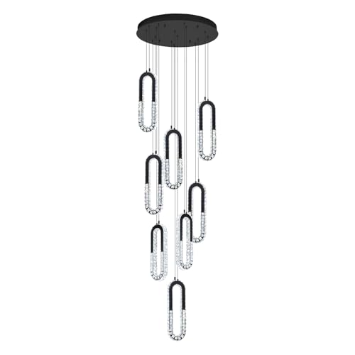 Modern Led Black Chandelier Adjustable 8 Rings Crystal Chandelier for Foyer Stairwell Crystal High Ceiling Pendant Light Dimmable 2700K (Black / 8 Rings (New))