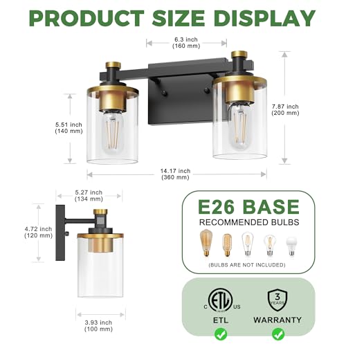 Bathroom Light Fixtures Over Mirror (Gold and Black / 2-Light)