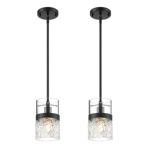 2 Pack Pendant Lights (Black -Hammered Glass / 5" Hammered Glass, 2-Pack)