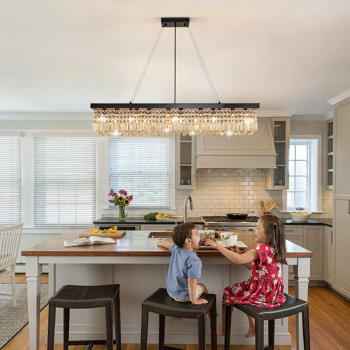 Rectangle K9 Crystal Chandelier Modern Rectangular Pendant Lighting Fixture for Dining Room Kitchen Island Bedroom Black L47'' x W10'' x H10'' (Black(Hanging) / L47")